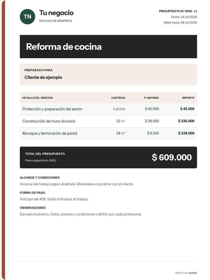 Presupuesto real generado con Quotix para una reforma de cocina, con detalle, total y condiciones de ejemplo