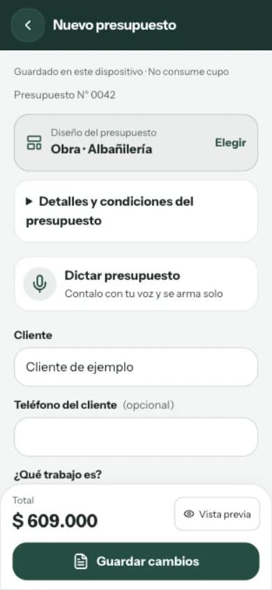 Editor de Quotix con campos de cliente, trabajo y cantidades; total visible al guardar