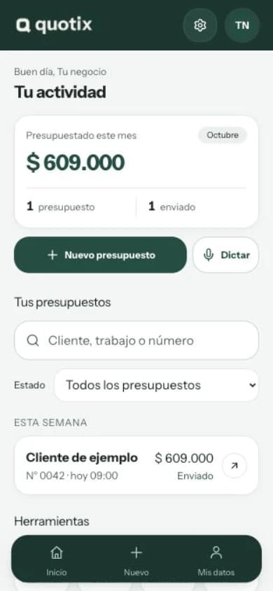 Inicio de Quotix: actividad mensual, nuevo presupuesto y últimos trabajos